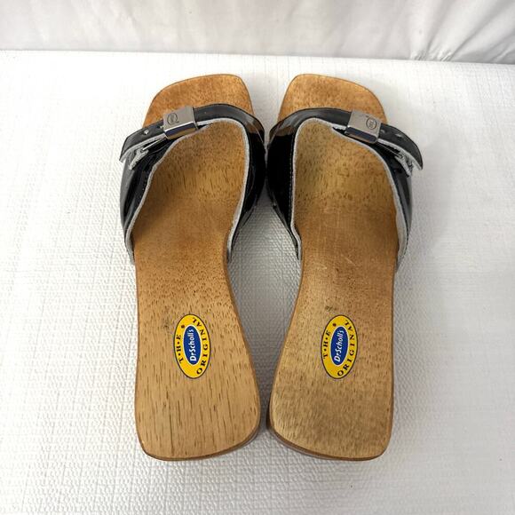 Dr Scholls Sandals Womens 8 M Black Leather Wooden Exercise Clog Slide Brazil - Picture 5 of 11